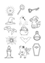 Lade das Bild in den Galerie-Viewer, Stick and Stitch Aufkleber Mystisch (Hut, Frosch, Schlüssel, Katze, Zaubertrank, Sarg, Fledermaus, Spinne, Kerze, Geister, Glaskugel, Zauberstab)