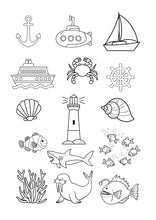 Lade das Bild in den Galerie-Viewer, Stick and Stitch Aufkleber Maritim 2 (Boot, Krebs, Schiff, Muschel, Leuchtturm, Hai, Memo, Seelöwe, Korallen, U-Boot, Fische)