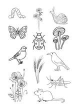 Lade das Bild in den Galerie-Viewer, Stick and Stitch Aufkleber Wiesentiere (Raupe, Käfer, Schnecke, Marienkäfer, Weizen, Mohnblumen, Grashüpfer, Maus, Vogel, Schmetterling, Blume)