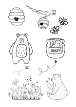 Lade das Bild in den Galerie-Viewer, Stick and Stitch Aufkleber Biene und Bär (Honigtopf, Blumenwiese, Bienennest)